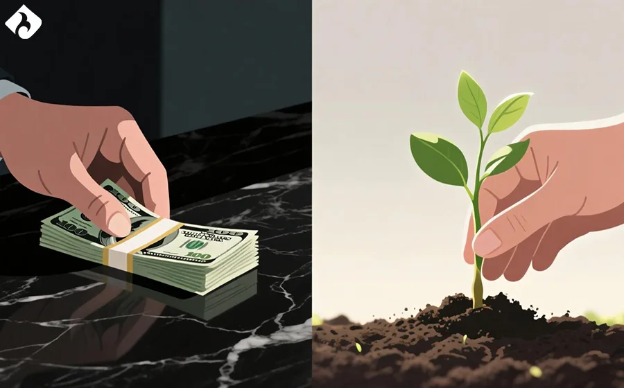 تضاد بین کار برای پول (منفعت) و کار برای جامعه (فضیلت).